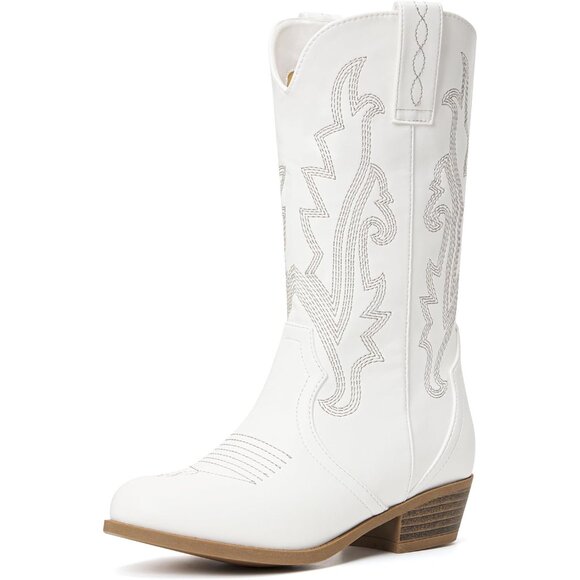 ⚡Girls White Kids Western Boots Embroidered Cowgirl Boots Riding Shoes Mid Calf - Picture 1 of 7